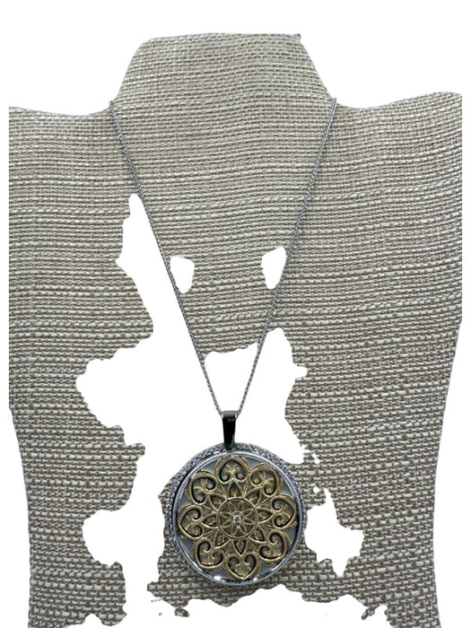Silver & Gold Cubic Zirconia Pendant Filigree Mirror Attachment Necklace Silver & Gold