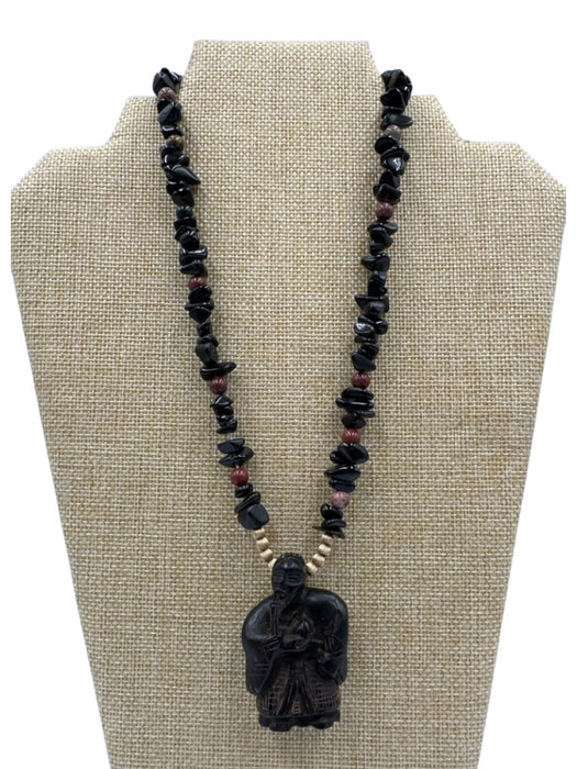Brown, Pink, Gold Semi-Precious Stones Wood Carved Necklace Brown, Pink, Gold