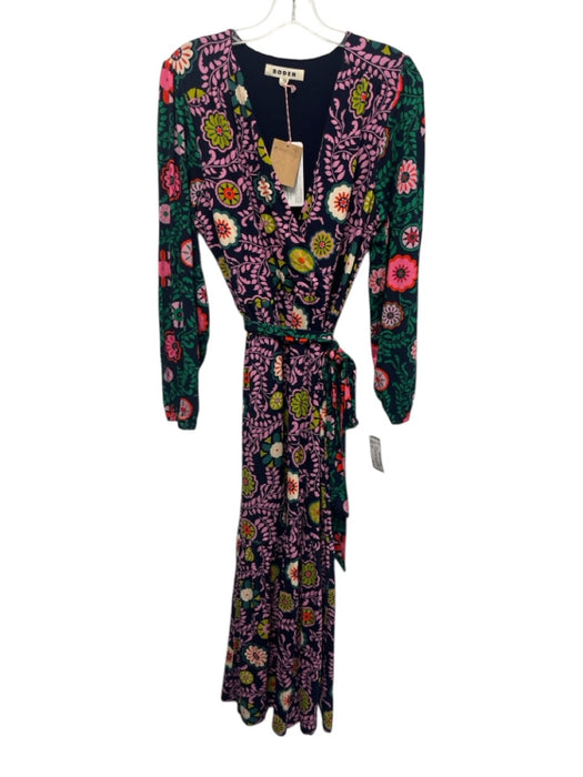 Boden Size 12 Navy, Pink, Green Viscose Blend Long Sleeve Floral Surplice Dress Navy, Pink, Green / 12