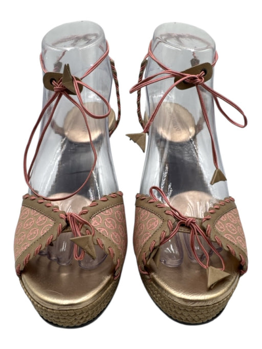 Giorgio Armani Shoe Size 38.5 Pink & Beige Leather & Canvas Raffia Logo Pumps Pink & Beige / 38.5