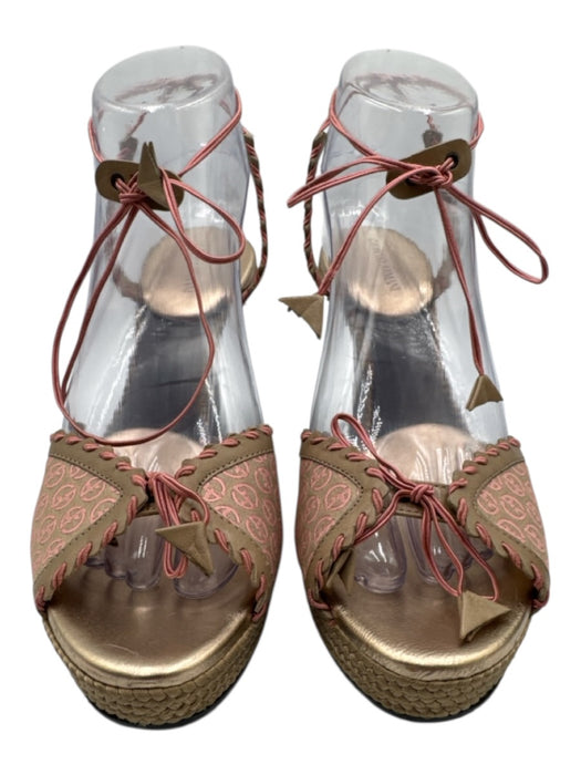 Giorgio Armani Shoe Size 38.5 Pink & Beige Leather & Canvas Raffia Logo Pumps Pink & Beige / 38.5