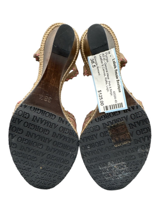 Giorgio Armani Shoe Size 38.5 Pink & Beige Leather & Canvas Raffia Logo Pumps Pink & Beige / 38.5