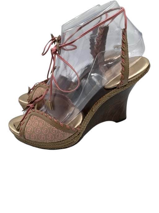 Giorgio Armani Shoe Size 38.5 Pink & Beige Leather & Canvas Raffia Logo Pumps Pink & Beige / 38.5
