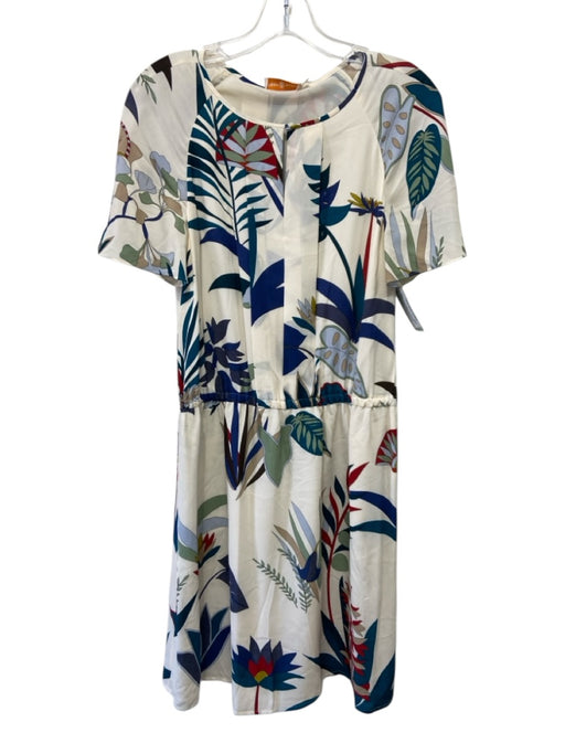 Tory Burch Size 4 Cream, Blue & Multi Silk Short Sleeve Leaves Below knee Dress Cream, Blue & Multi / 4
