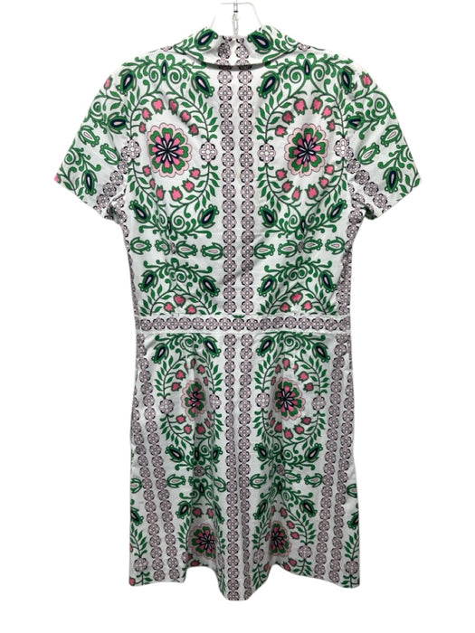 Tory Burch Size 4 White, Green & Pink Cotton Short Sleeve Floral Abstract Dress White, Green & Pink / 4