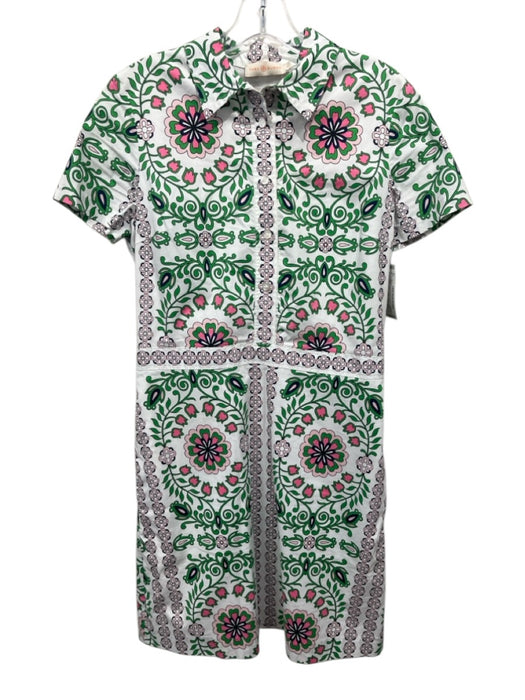 Tory Burch Size 4 White, Green & Pink Cotton Short Sleeve Floral Abstract Dress White, Green & Pink / 4