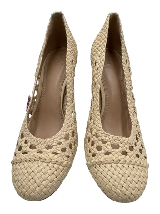 Tory Burch Shoe Size 8 Beige & Brown Leather Woven Chunky Heel Sandals Beige & Brown / 8