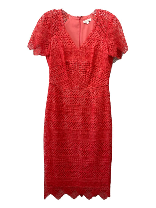 Shoshanna Size 4 Coral Pink Cotton Blend Lace Overlay V Neck Short Sleeve Dress Coral Pink / 4