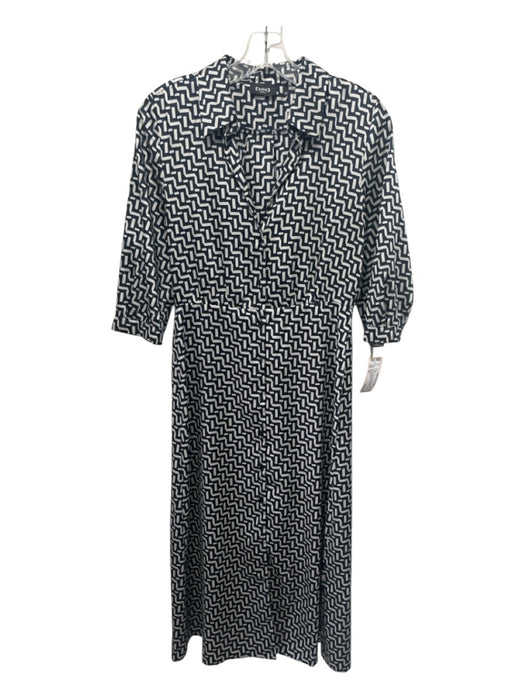 Marella Size 40 Cream, Navy & Black Polyester Collared Geo Print Dress Cream, Navy & Black / 40