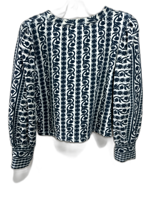 Omika Size M Navy & white Cotton Blend Abstract Floral Puff Long Sleeve Top Navy & white / M