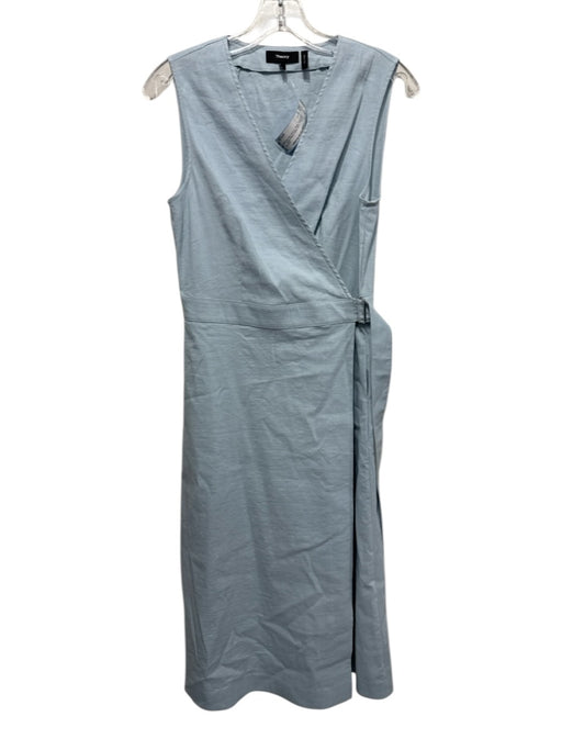 Theory Size 2 Light Blue Linen Blend Belted Waist Sleeveless Wrap V Neck Dress Light Blue / 2