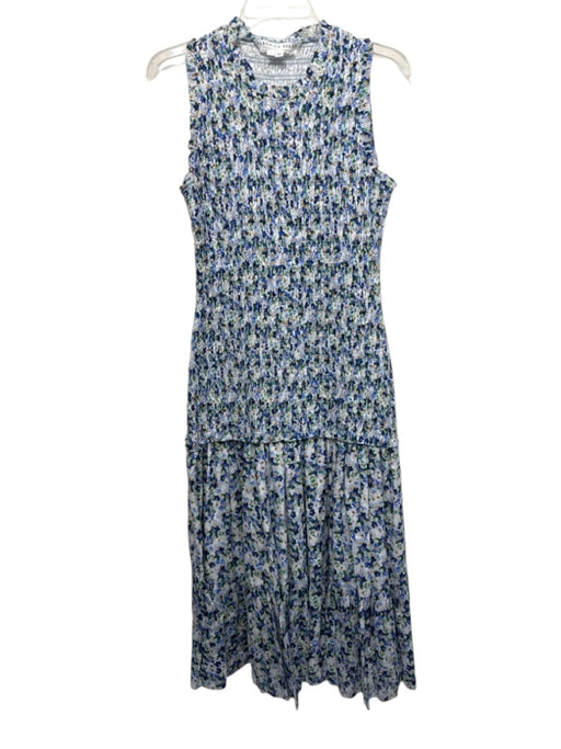 Veronica Beard Size 4 White Cotton Smocked Sleeveless Floral Midi Dress White / 4
