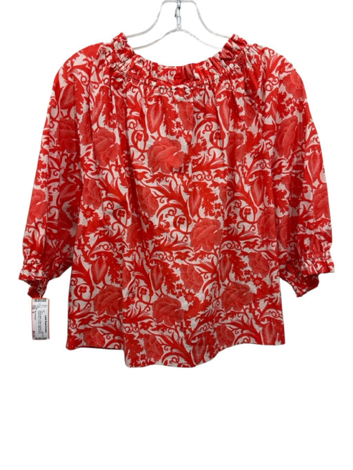 Ro's Garden Size S Red & White Cotton Keyhole Front Floral Print 1/2 Arm Top Red & White / S