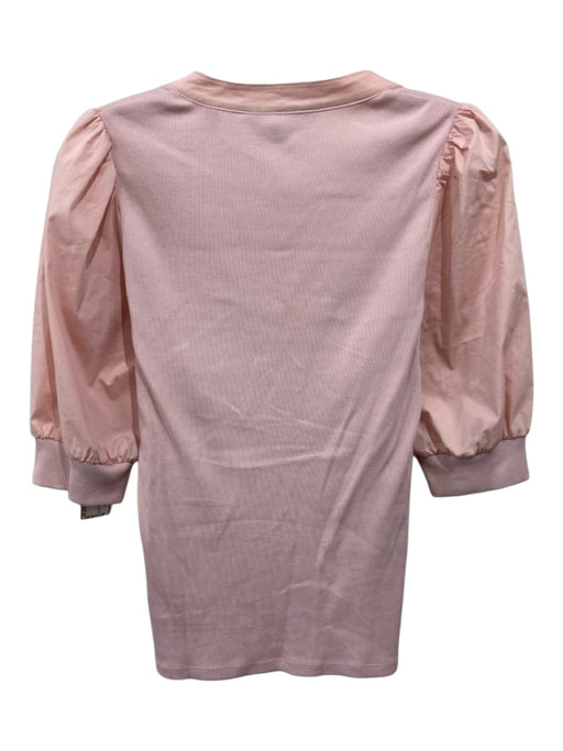 Veronica Beard Size S Pink Cotton Ribbed Puff Sleeve 2 Button V Neck Top Pink / S
