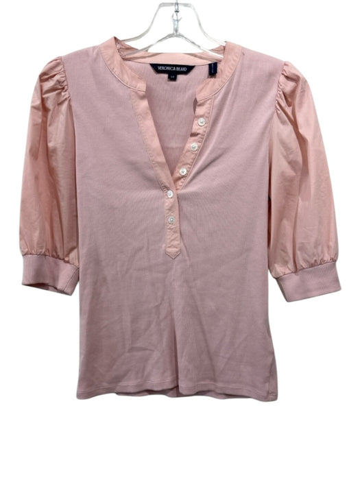 Veronica Beard Size S Pink Cotton Ribbed Puff Sleeve 2 Button V Neck Top Pink / S
