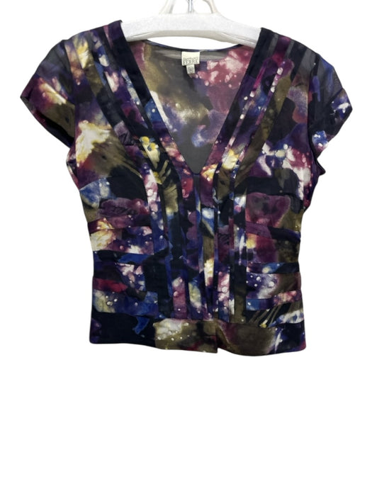 Gianfranco Ferre Size 40 Black & Multi Silk Cap Sleeve Sheer Side Zip Top Black & Multi / 40