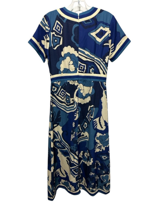 CK Bradley Size S Blue & Cream Beige Polyester Floral Short Sleeve V Neck Dress Blue & Cream Beige / S