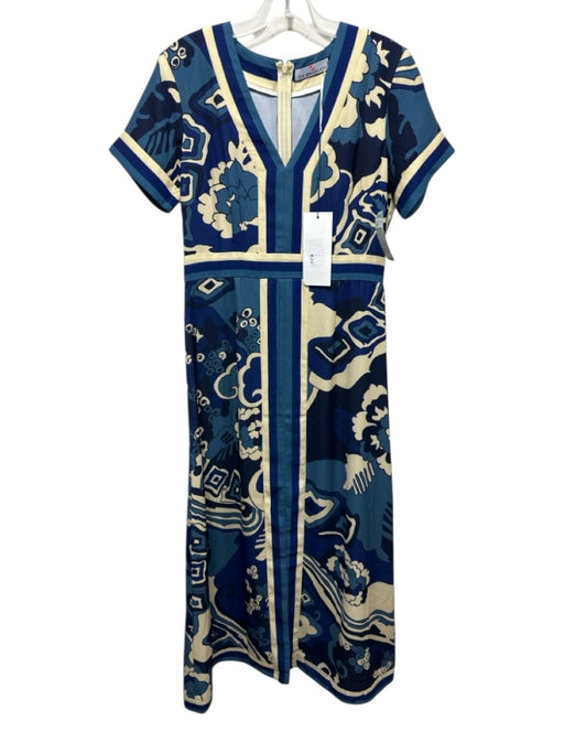 CK Bradley Size S Blue & Cream Beige Polyester Floral Short Sleeve V Neck Dress Blue & Cream Beige / S