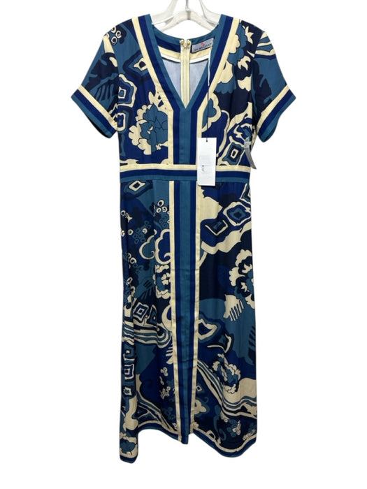 CK Bradley Size S Blue & Cream Beige Polyester Floral Short Sleeve V Neck Dress Blue & Cream Beige / S