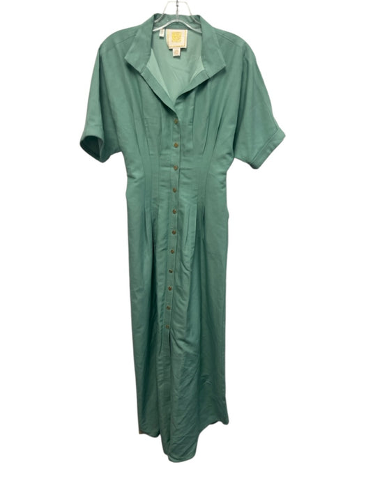 Emily McCarthy Size XS Aqua Green Rayon & Linen Button Front Pintuck Dress Aqua Green / XS