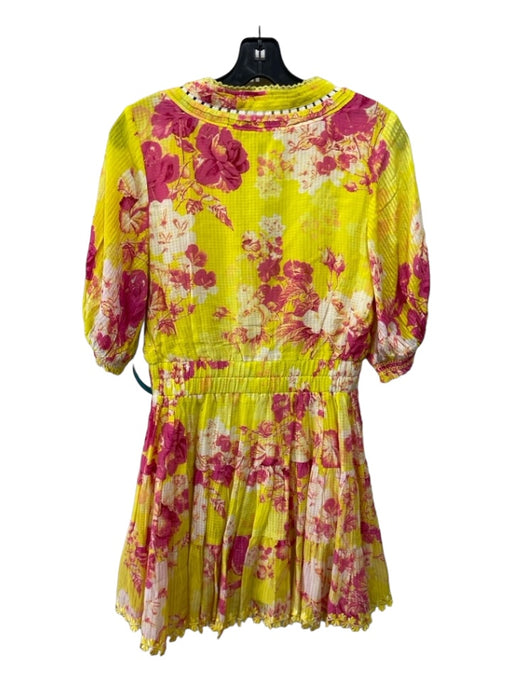 Hemant & Nandita Size S Yellow & Pink Viscose Blend Floral Tiered V Neck Dress Yellow & Pink / S