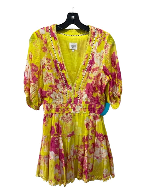 Hemant & Nandita Size S Yellow & Pink Viscose Blend Floral Tiered V Neck Dress Yellow & Pink / S