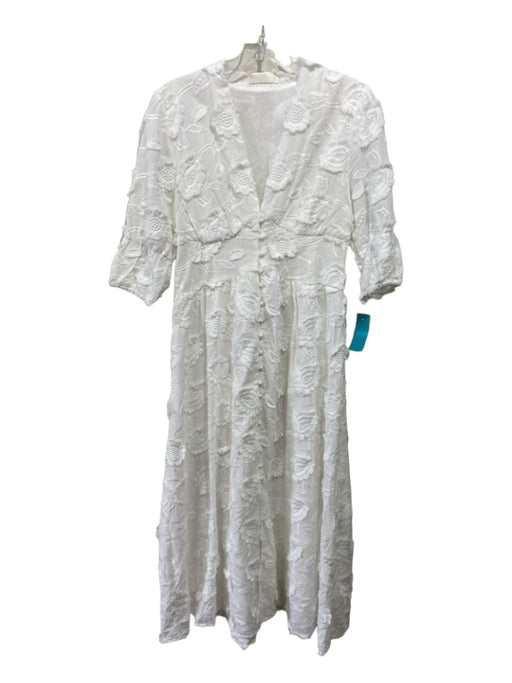 Vita Grace Size XS White Cotton Floral Application Button Front 1/2 sleeve Dress White / XS