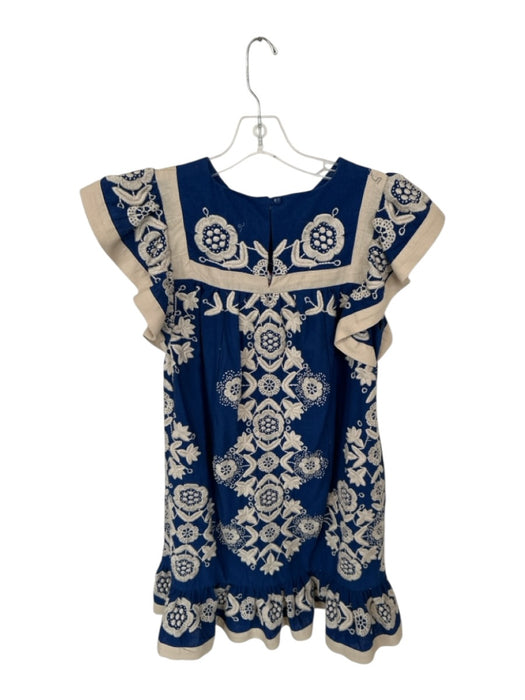 Sea New York Size S Navy & Tan Cotton Short Sleeve Embroidered Flowers Dress Navy & Tan / S
