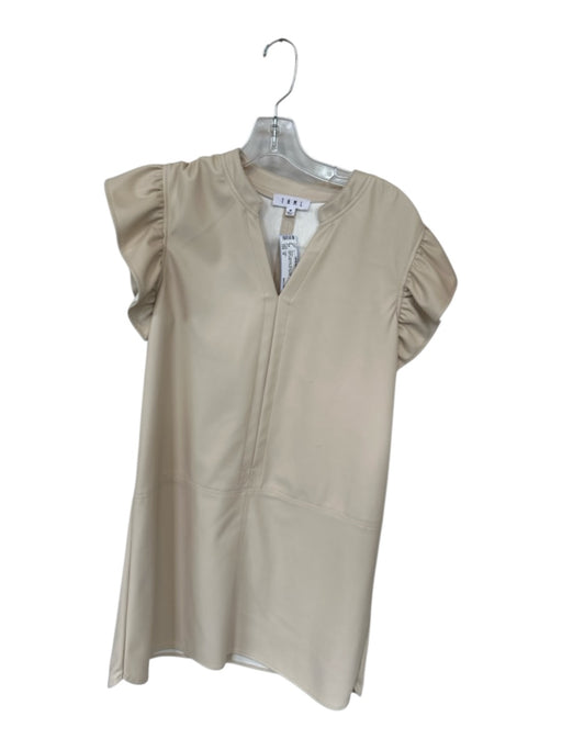 THML Size M Beige Polyester Blend Vegan Leather Mini Ruffle V Neck Dress Beige / M