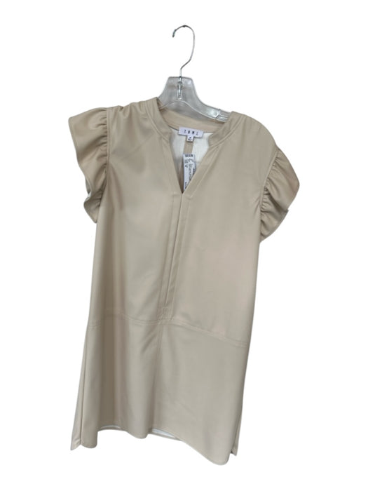 THML Size M Beige Polyester Blend Vegan Leather Mini Ruffle V Neck Dress Beige / M