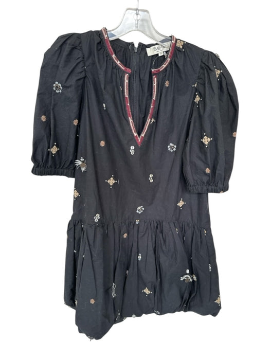 Sea New York Size XS Black & Maroon Cotton Embellished V Neck Back Zip Dress Black & Maroon / XS