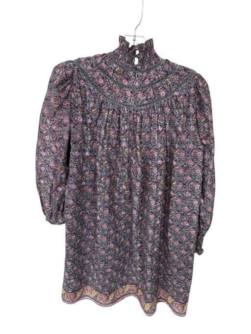 Hunter Bell Size XS Grey & Maroon Cotton Long Sleeve Floral Smocked Neck Dress Grey & Maroon / XS