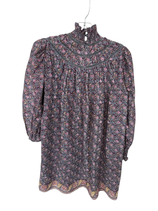 Hunter Bell Size XS Grey & Maroon Cotton Long Sleeve Floral Smocked Neck Dress Grey & Maroon / XS