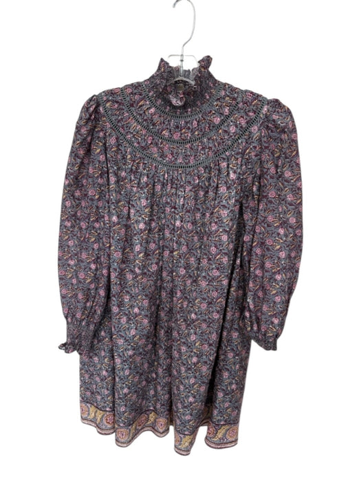 Hunter Bell Size XS Grey & Maroon Cotton Long Sleeve Floral Smocked Neck Dress Grey & Maroon / XS