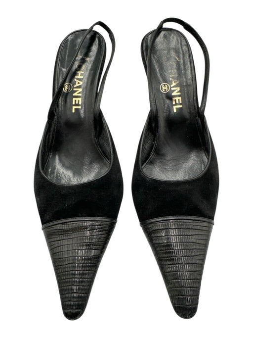 Chanel Shoe Size 39 Black Leather Suede Low Heel Reptile Pointed Toe Pumps Black / 39