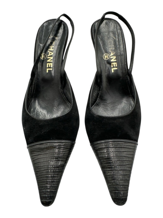Chanel Shoe Size 39 Black Leather Suede Low Heel Reptile Pointed Toe Pumps Black / 39
