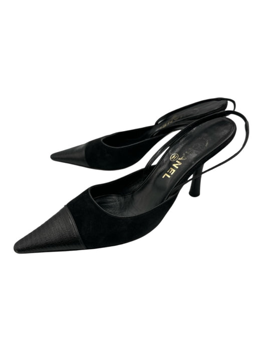 Chanel Shoe Size 39 Black Leather Suede Low Heel Reptile Pointed Toe Pumps Black / 39