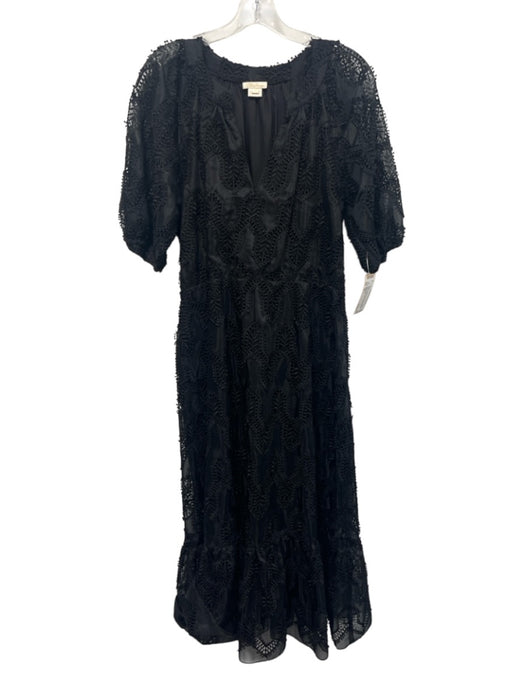 Shoshanna Size 10 Black Polyester Blend Short Puff Sleeve Lace V Neck Maxi Dress Black / 10
