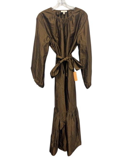 Ann Mashburn Size Medium Brown Silk Long puff sleeve Gathered Tiered Maxi Dress Brown / Medium