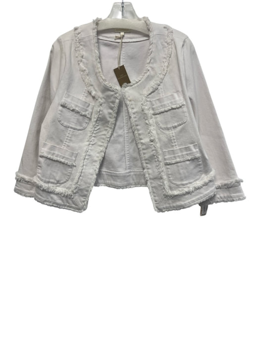 Ann Mashburn Size Medium White Cotton Denim Long Sleeve Fringe Open Front Jacket White / Medium