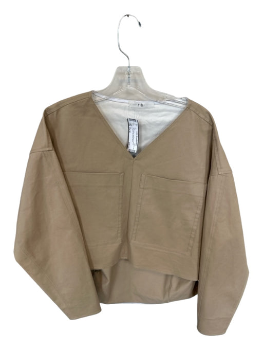 Tibi Size Est M Tan Cotton Long Sleeve V Neck Cropped Structured Top Tan / Est M