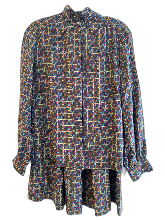 Christian Dior Separates Size 4 Brown Red Multi 100% Silk Long Sleeve Skirt Set Brown Red Multi / 4