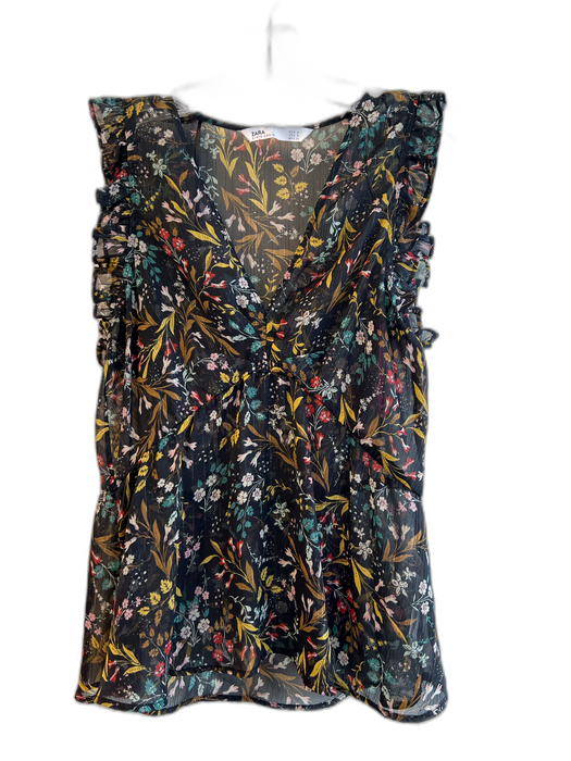 Zara Size S Black & Multi Polyester Sleeveless Floral V Neck Semi Sheer Top Black & Multi / S
