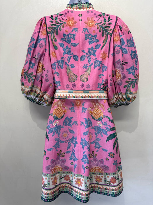 Zimmermann Size S / 1 Pink & Green Print Linen Button Front Back Zip Mini Dress