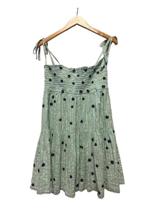 Tanya Taylor Size S Aqua & Black Cotton Embroidered Spaghetti Strap Dress Aqua & Black / S