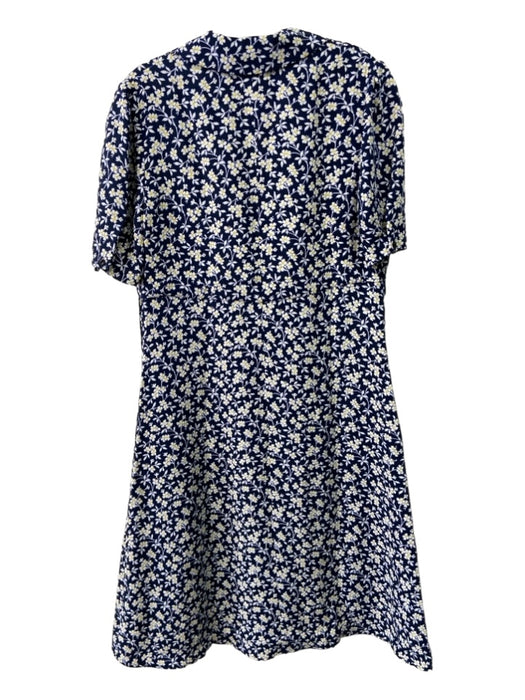 St. John Size 8 Navy Blue & White Silk Flower Buttons Floral Print Collar Dress Navy Blue & White / 8