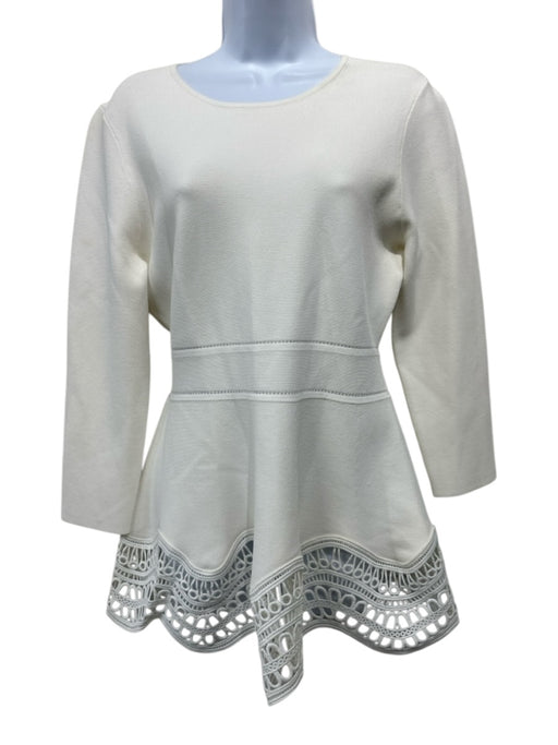 Lela Rose Size M White Viscose Blend Long Sleeve Lace Hem Flare Bottom Top White / M
