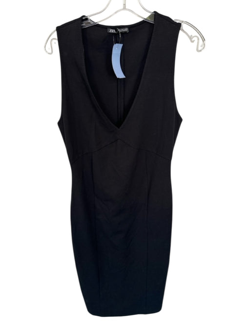 Zara Size S Black Cotton Blend V Neck Sleeveless Midi Pencil Dress Black / S