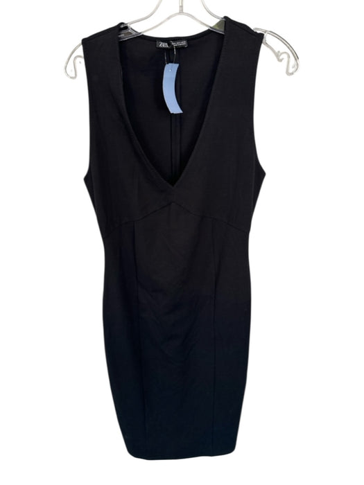 Zara Size S Black Cotton Blend V Neck Sleeveless Midi Pencil Dress Black / S