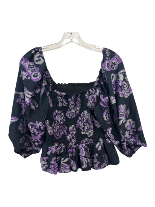 Tanya Taylor Size S Black, Purple, Gray cotton silk blend Smocked Floral Top Black, Purple, Gray / S